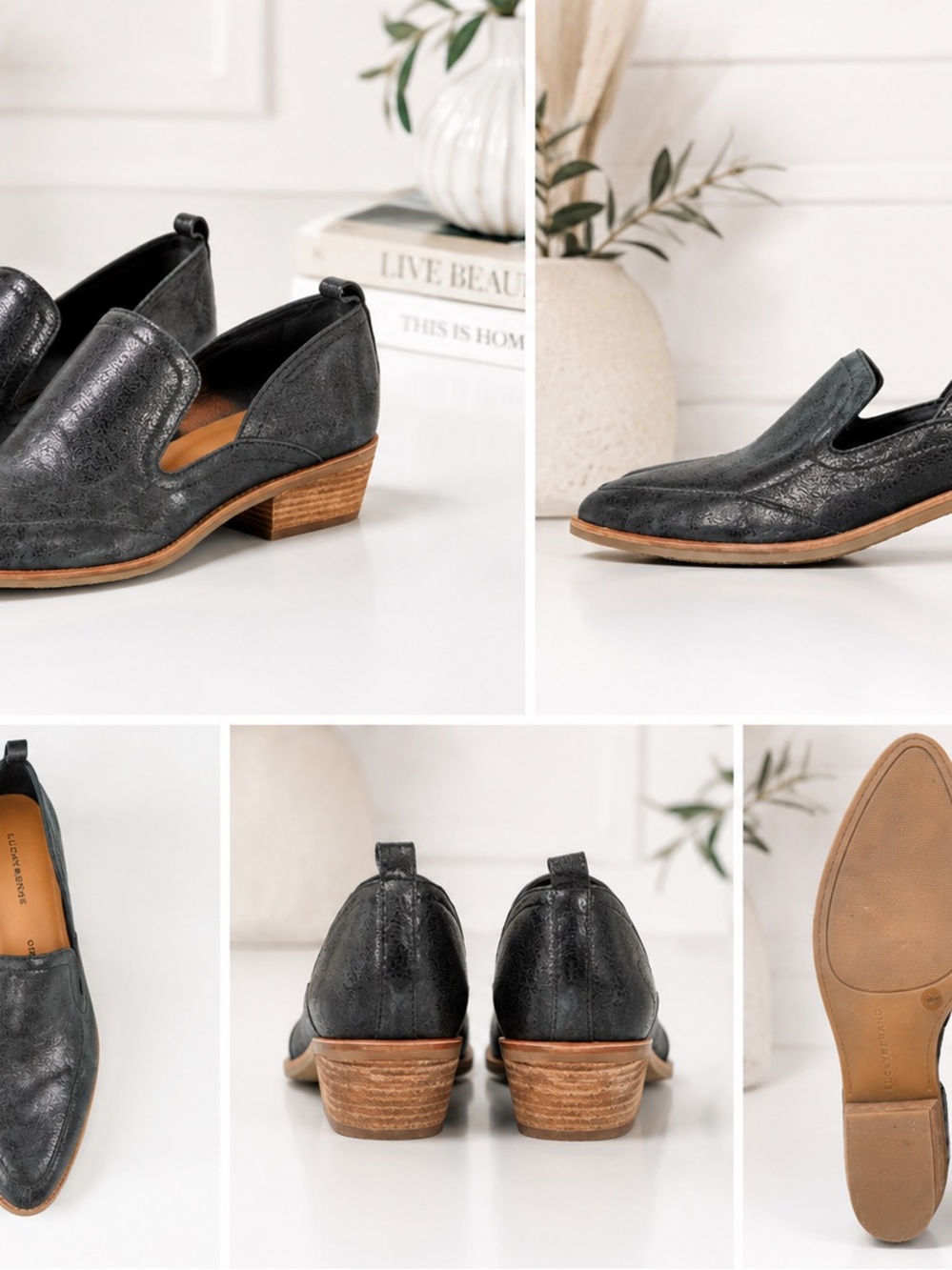 Lucky Brand Womens Black Textured Leather Loafers with Stacked Heel